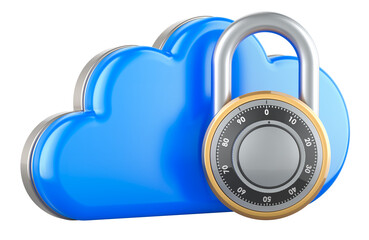 Computing Cloud with Padlock, 3D rendering isolated on transparent background
