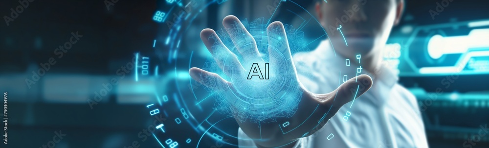 Poster The photograph depicts the interaction between humans and AI in the field of research and development of new technologies. Wide banner