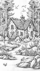 Fairy Tales: A coloring book page showing a humble cottage in the woods