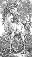 Fantasy: A coloring book illustration of a graceful unicorn with a flowing mane