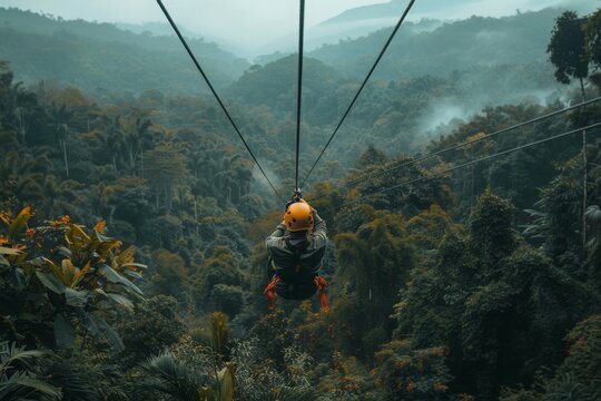 Zip Lining Adventure Through Misty Forest