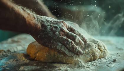A man is making a pizza dough with flour on his hands