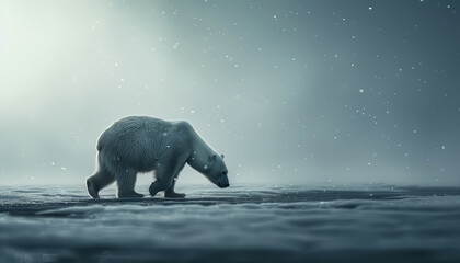 A polar bear is walking across a snowy field
