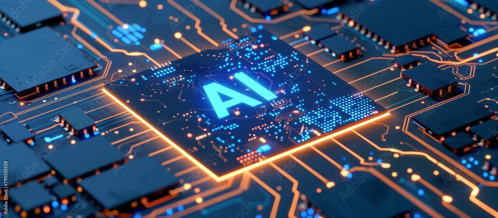 Aufkleber The process of manufacturing a chip with an AI processor provides high-tech methods and precision in the manufacture of electronic components.