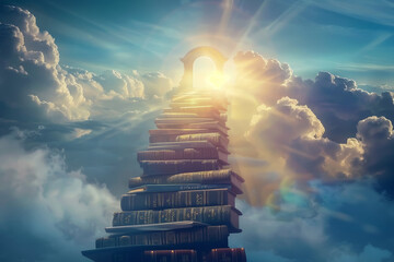 Staircase of Books to Glowing Doorway in Sky - obrazy, fototapety, plakaty