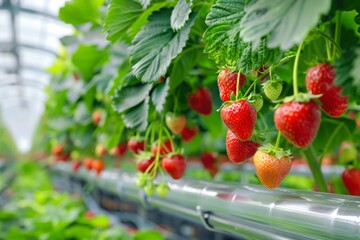 Fresh Strawberries Growing in Hydroponic Greenhouse