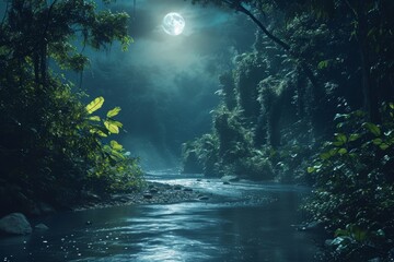 A river cuts through a dense forest as the full moon illuminates the scene, Bright moonlight illuminating a rainforest river, AI Generated