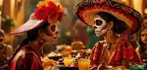 Two women dressed in Cinco de Mayo festival attire turned to each other, chatting at the Cinco de Mayo celebration.