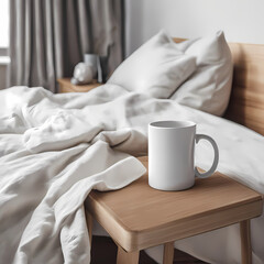 Fototapeta na wymiar Mock up. White blank coffee mug standing on wooden bedside table near bed in cozy bedroom. Blank coffee cup mug mockup template.