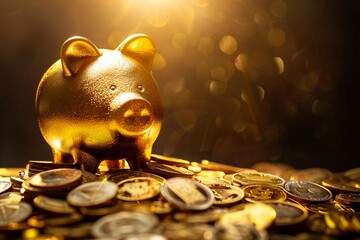 A golden piggy bank sitting atop a pile of gold coins, shining under a spotlight, symbolizing safe and diverse investment options