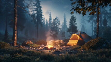A cozy campsite nestled in the wilderness, with a tent pitched beside a crackling campfire, inviting travelers to rest and recharge under the stars.