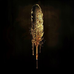 A poets feather quill dripping with golden ink, scripting motivational quotes in the air, baroque style, luxurious and inspiring
