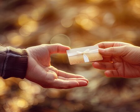 A pair of hands exchanging a loyalty card and a beautifully wrapped gift, emphasizing the reciprocal nature of loyalty programs, warm and inviting tones