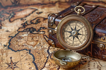 Fototapeta na wymiar Vintage Compass on Ancient World Map