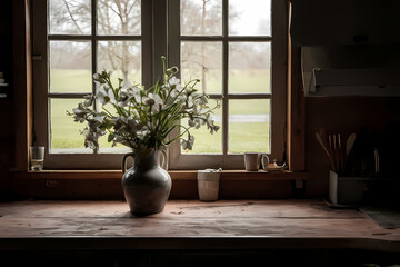 Wooden table top with copy space for product advertising in old vintage kitchen. Table and vase with white spring flowers near window in country house, rural area.