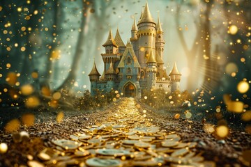A sparkling golden pathway leading to a castle made of coins and banknotes, fairytale imagery of the lucrative journey of investing - obrazy, fototapety, plakaty