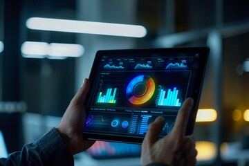 A tablet displaying a holographic pie chart and bar graph, held by a financial analyst in a modern office, symbolizing precise market trend analysis