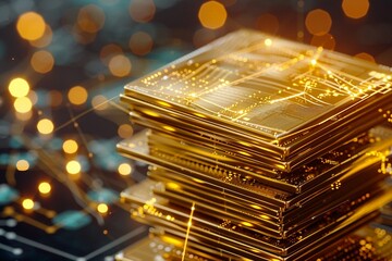 A stack of golden tablets each displaying parts of a complex algorithm, symbolizing advancements in financial technologies, clean workspace