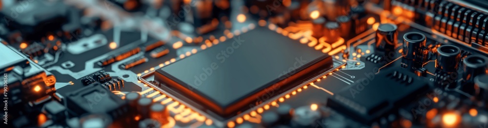 Poster The processor on the board reflects modern technologies and the high speed of information processing necessary for the operation of modern computers and devices. Wide banner