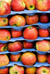 Stacked trays of red apples, vibrant and fresh produce display.