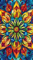 Patterns: A coloring book page with a vibrant kaleidoscope pattern, filled with colorful symmetrical shapes and designs