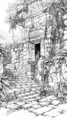 Place: A mystical coloring book illustration of an ancient temple ruins