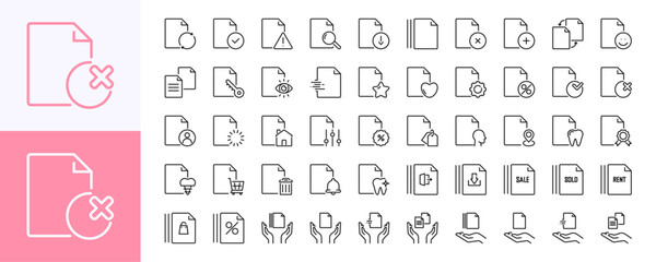 Document 50 line icons. Paper sheet sign. File or archive symbol. Isolated on a white background. Pixel perfect. Editable stroke. 64x64.
