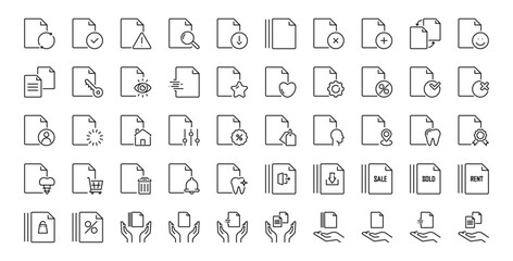 Document 50 line icons. Paper sheet sign. File or archive symbol. Isolated on a white background. Pixel perfect. Editable stroke. 64x64.