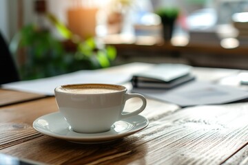 A cup of coffee sits on top of a wooden table, creating a warm and inviting scene, Business office during a coffee break, AI Generated