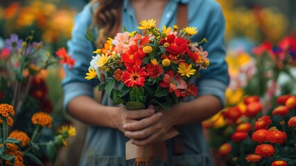 Girl selecting flowers in garden, creating bouquet. Relaxing summer scene, love and beauty in nature.