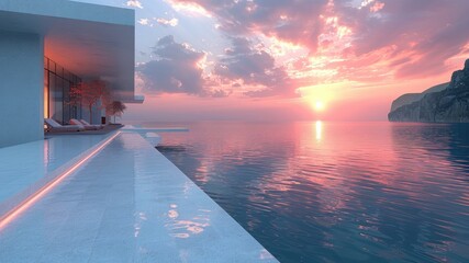 Discover serenity in architecture: a tranquil walkway on water, framed by artful views and bathed in the warm glow of sunset. Perfect for mindfulness and relaxation.