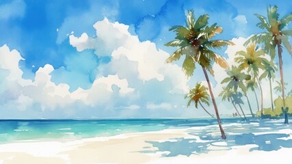 Capture the serenity of coconut trees on a beach with this watercolor illustration. Isolated on white with copy space, perfect for relaxation and tropical vibes.