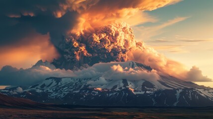 A volcanic ash cloud illuminated by the golden light of sunset, casting a surreal glow over the surrounding landscape.