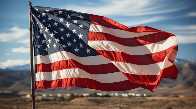 Inspirational image of an American flag waving in the breeze against a clear sky, symbolizing freedom and patriotism, suitable for veteran s day communications or national holiday posters
