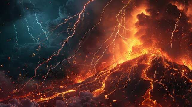 A volcanic lightning storm illuminating the night sky, with bolts of electricity crackling against the backdrop of a fiery eruption.