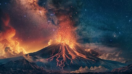 A volcano erupting in a spectacular display of lava and ash, against the backdrop of a starry night sky. - obrazy, fototapety, plakaty