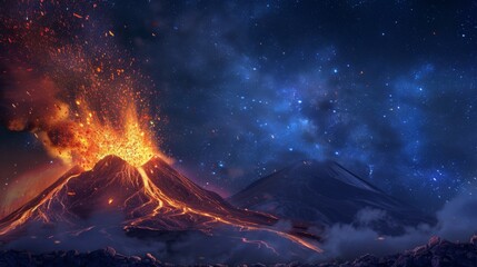 A volcano erupting in a spectacular display of lava and ash, against the backdrop of a starry night sky. - obrazy, fototapety, plakaty