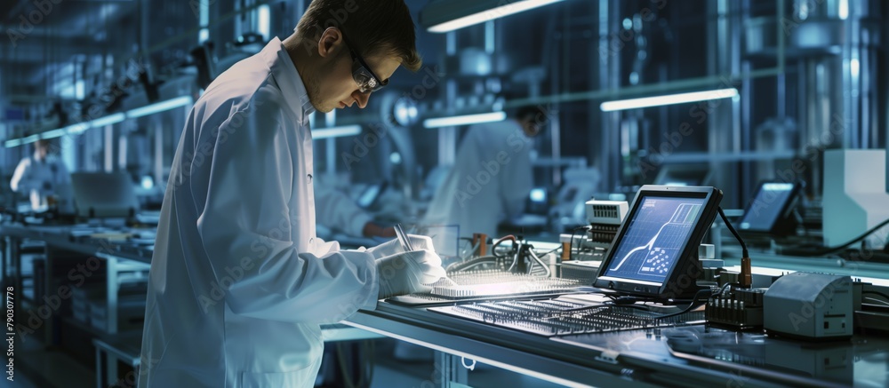 Poster A technician handles manual soldering and mounting of chips on the board before conducting testing and testing. Laboratory testing and analysis for quality and performance Electronics