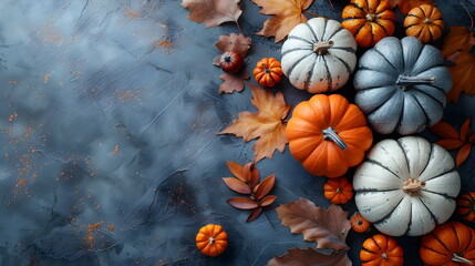 Top view of a dark table with orange and white pumpkins on one edge. Place for text. Festive decoration, festive autumn decor. Thanksgiving or Halloween concept. Flat autumn composition
