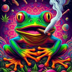 beautiful psychedelic digital art of a cool frog that is smoking a blunt