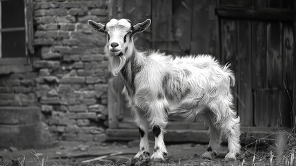 Portrait of a white goat on the farm. Black and white photo.