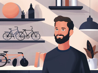 Illustration of a smiling man with a beard in a bicycle workshop, with bikes and tools in the background.