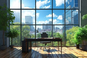 An office space with a large window overlooking the city skyline, Business office with scenic view from the window, AI Generated