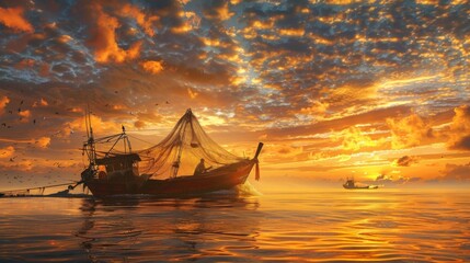 A wooden fishing boat casting its nets at sunrise, with the golden light of dawn painting the sky and the sea ablaze with color. - obrazy, fototapety, plakaty