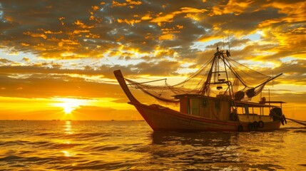A wooden fishing boat casting its nets at sunrise, with the golden light of dawn painting the sky and the sea ablaze with color.