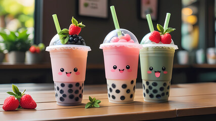 A cute bubble tea cup with kawaii fruits