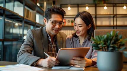 Cheerful coworkers are engaged in using a digital tablet together while working in their office.