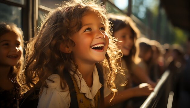 Cheerful image of children laughing and looking out the windows during a school bus ride, capturing the joy of school commutes, ideal for transportation safety promotions