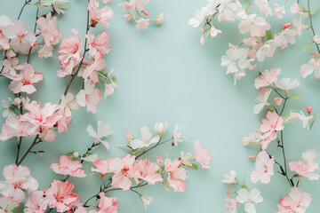 Floral background feminine flowers in pastel colors. Valentine's day, Mother's day, Women's day postcard. Flat lay copy space.