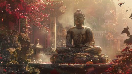 Serene Buddha Statue in Peaceful Garden Setting.